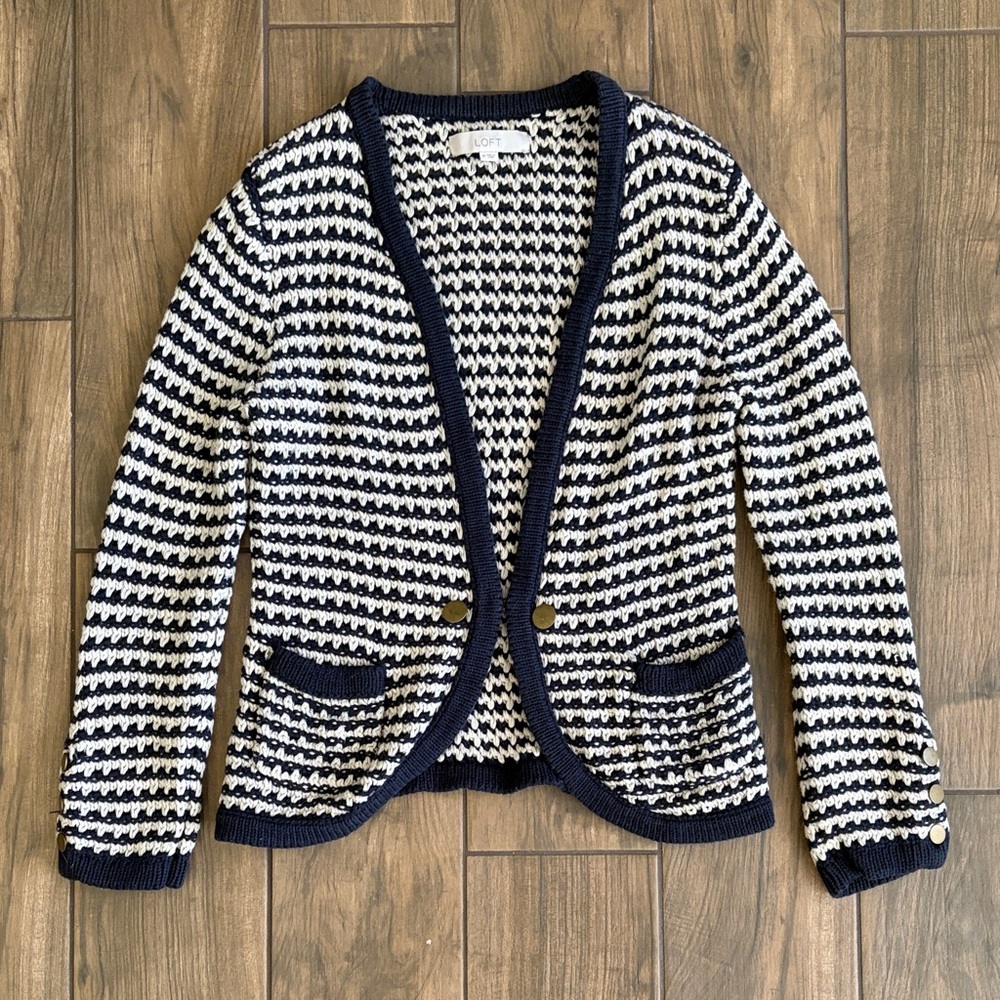 Navy and White Striped Women's Crochet Sweater by Loft